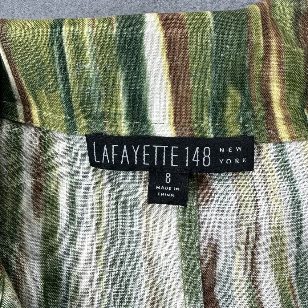 Lafayette 148 Shirt Women 8 Green Brown Linen Stripe Button Up 3/4 Sleeve Pocket - Picture 3 of 8